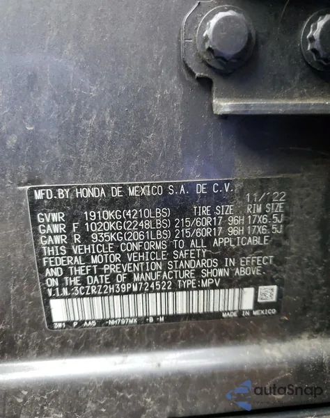 2023 Honda Hr-V Lx из США, поврежденный, VIN 3CZRZ2H39PM724522